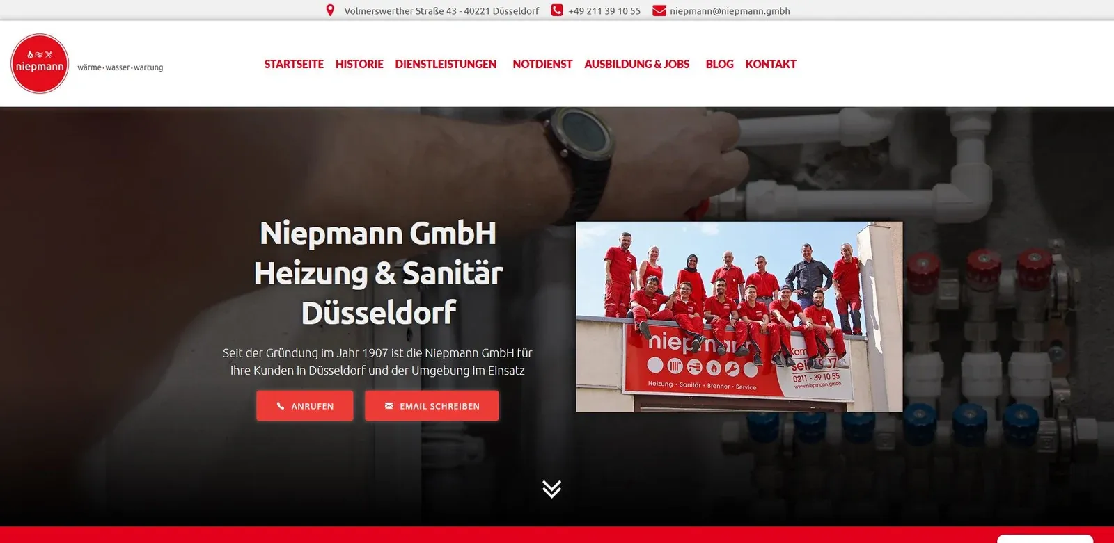 Startseite der Website der Niepmann GmbH, Heizung und Sanitär in Düsseldorf seit 1907.