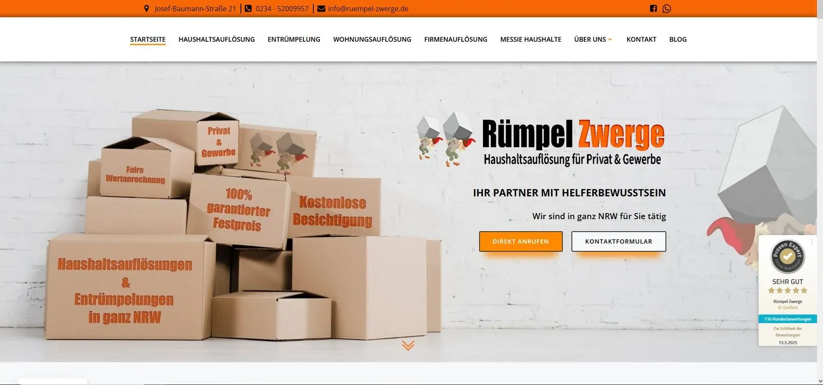 Startseite der Website von Rümpel Zwerge, Haushaltsauflösung und Entrümpelung in NRW, umgesetzt von Lunarspark.