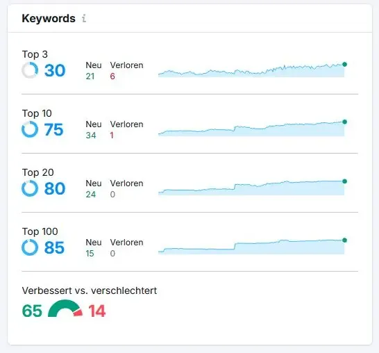 Keyword-Entwicklung von Rümpel Zwerge: 30 Rankings in den Top 3, 75 in den Top 10, kontinuierliches Wachstum über mehrere Monate.
